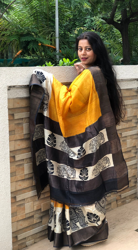 SUVARNA : BLOCK PRINTED TUSSAR SILK SAREE