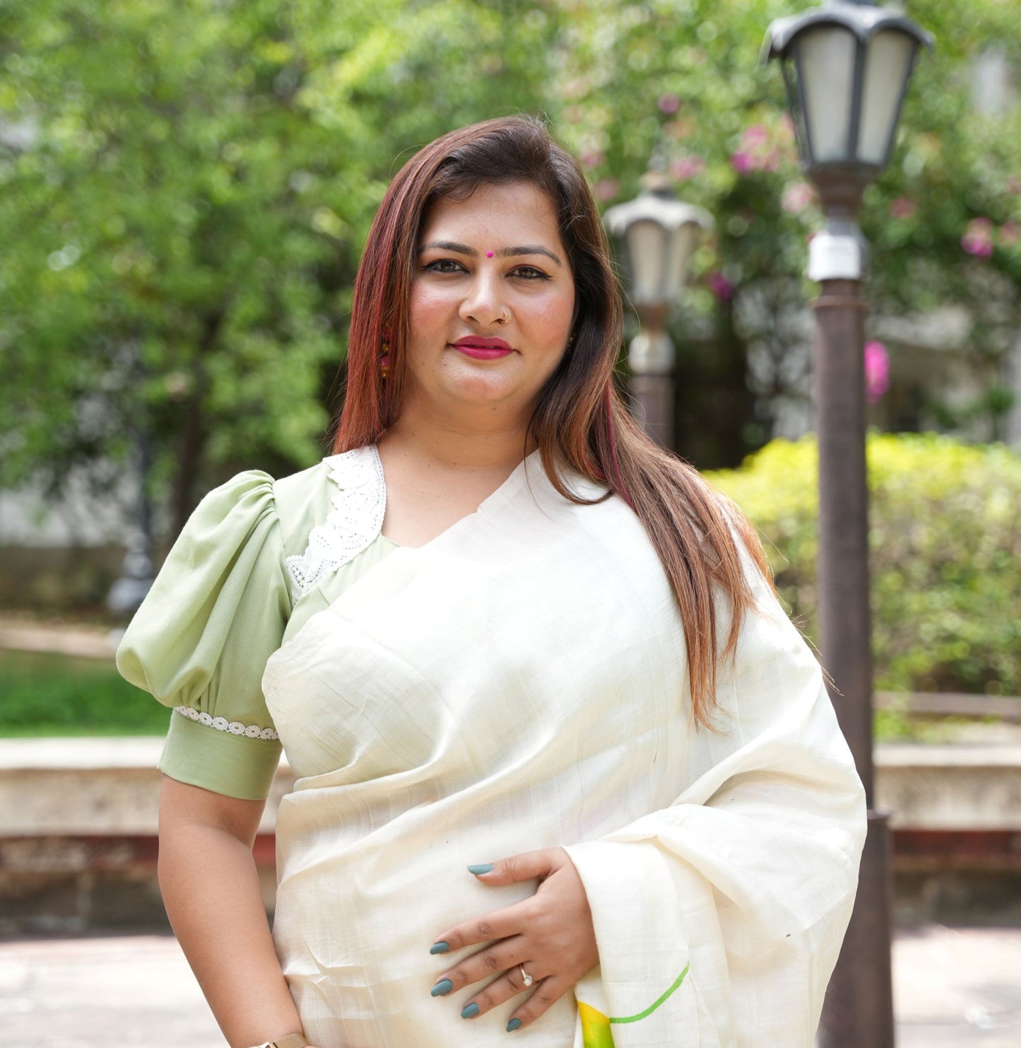green blouse puff sleeves