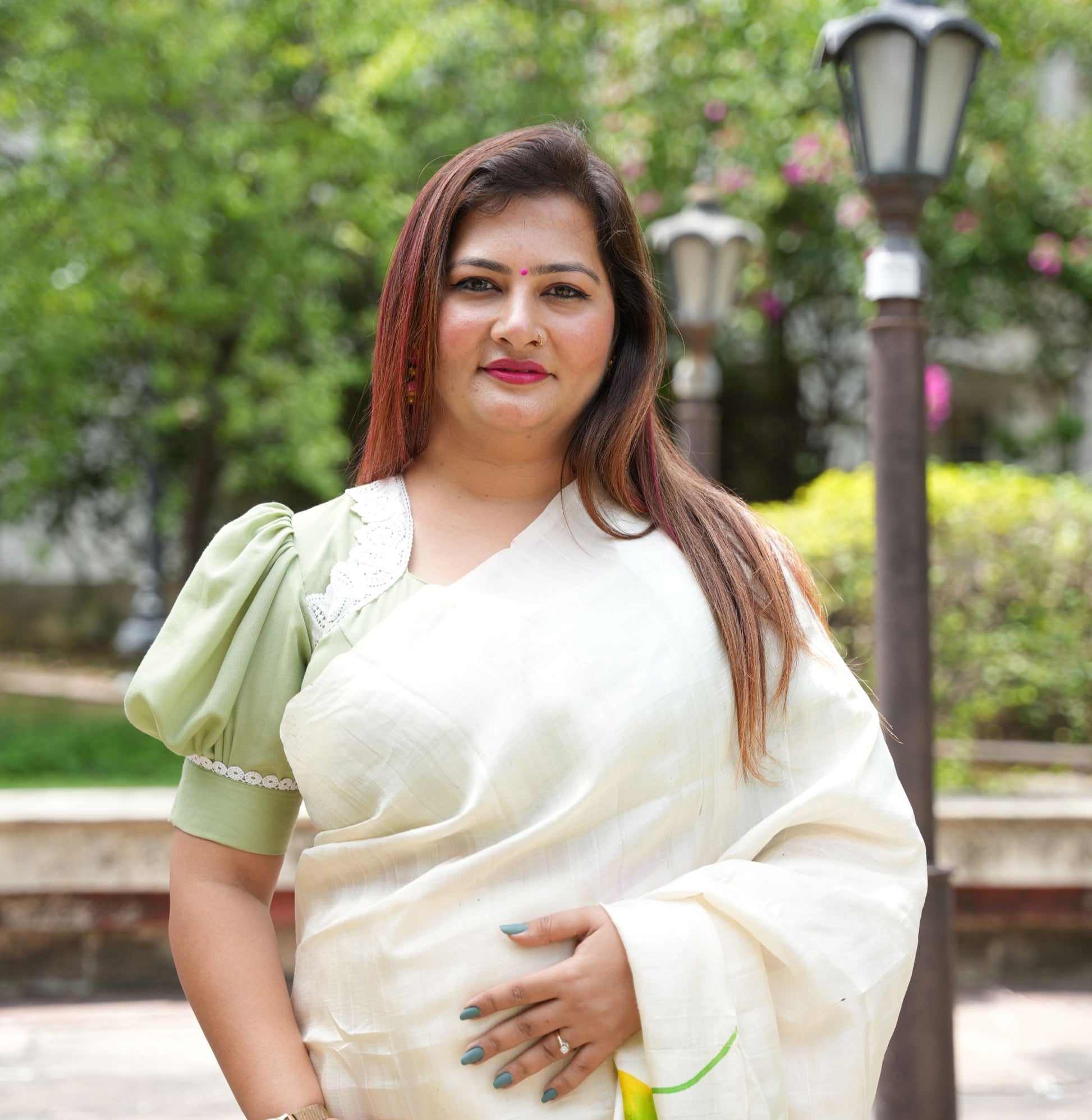 green blouse puff sleeves