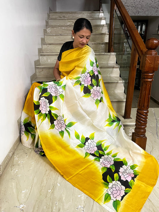 Beautiful Handpainted Haldi Yellow and White Colour Floral Saree