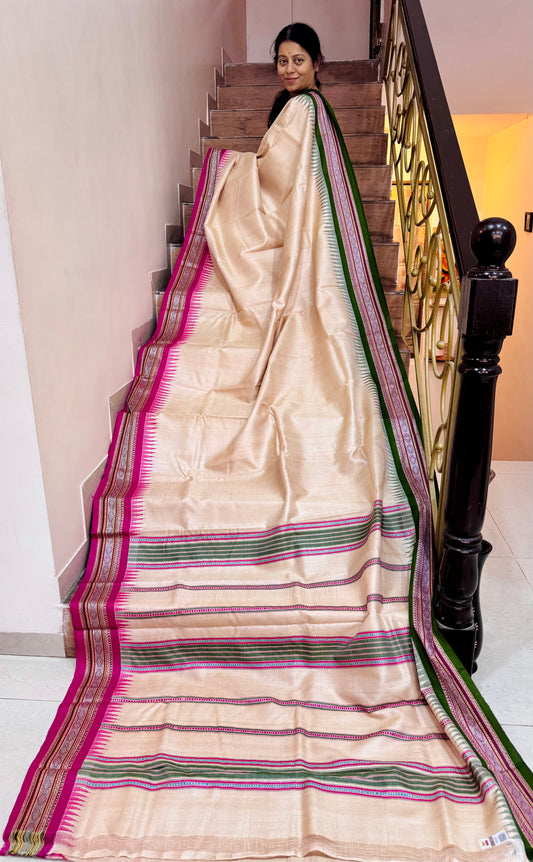 VAIDEHI : VIDARBHA TUSSAR KARVATI KINAR SAREE WITH GREEN-PINK BORDERS