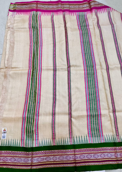 VAIDEHI : VIDARBHA TUSSAR KARVATI KINAR SAREE WITH GREEN-PINK BORDERS