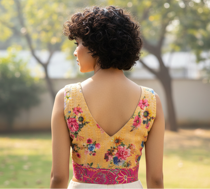 Woman wearing a yellow floral blouse 