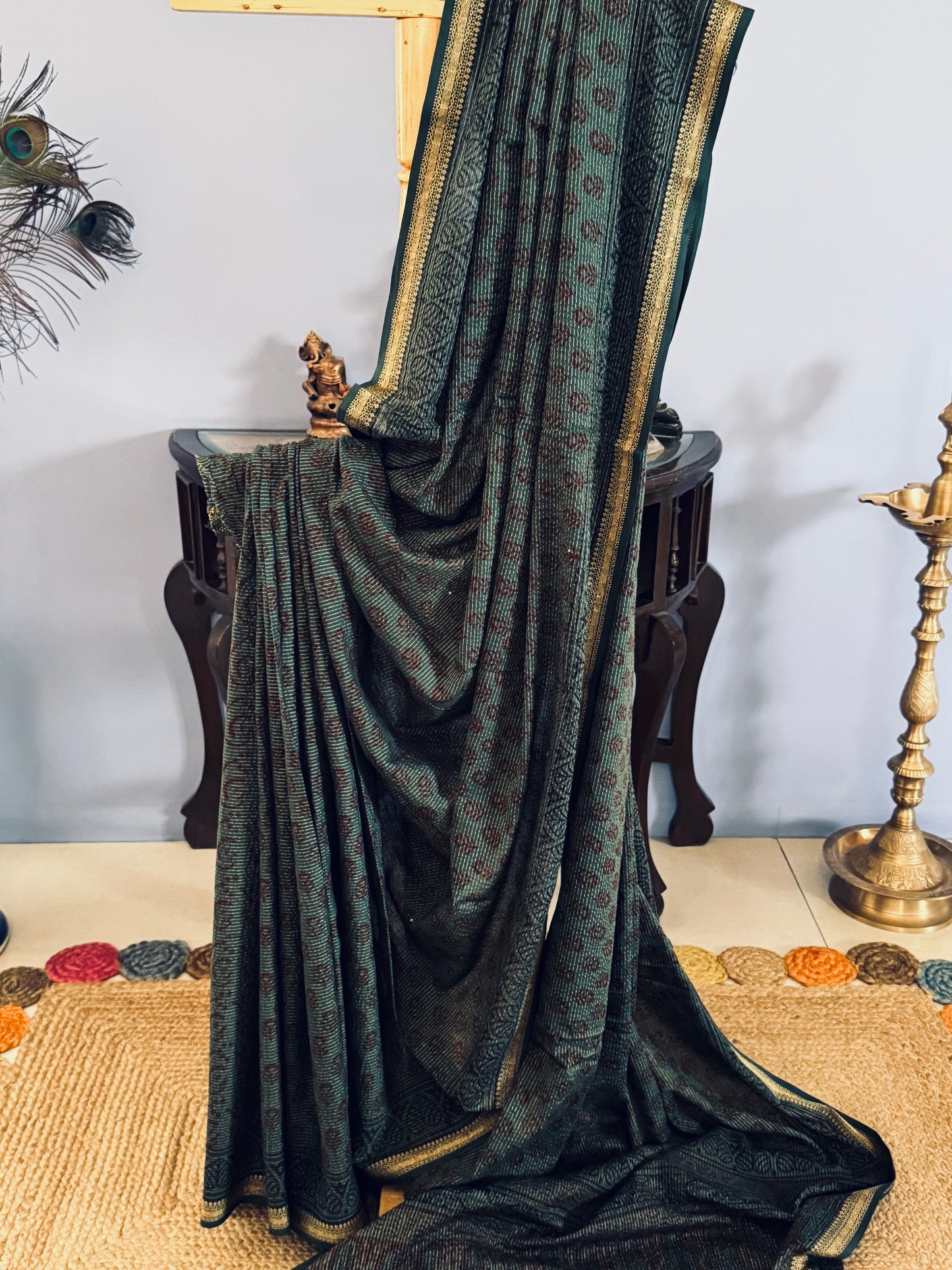 VEDIKA : COTTON BAGH SAREE, DARK GREEN