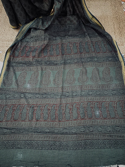 VEDIKA : COTTON BAGH SAREE, DARK GREEN