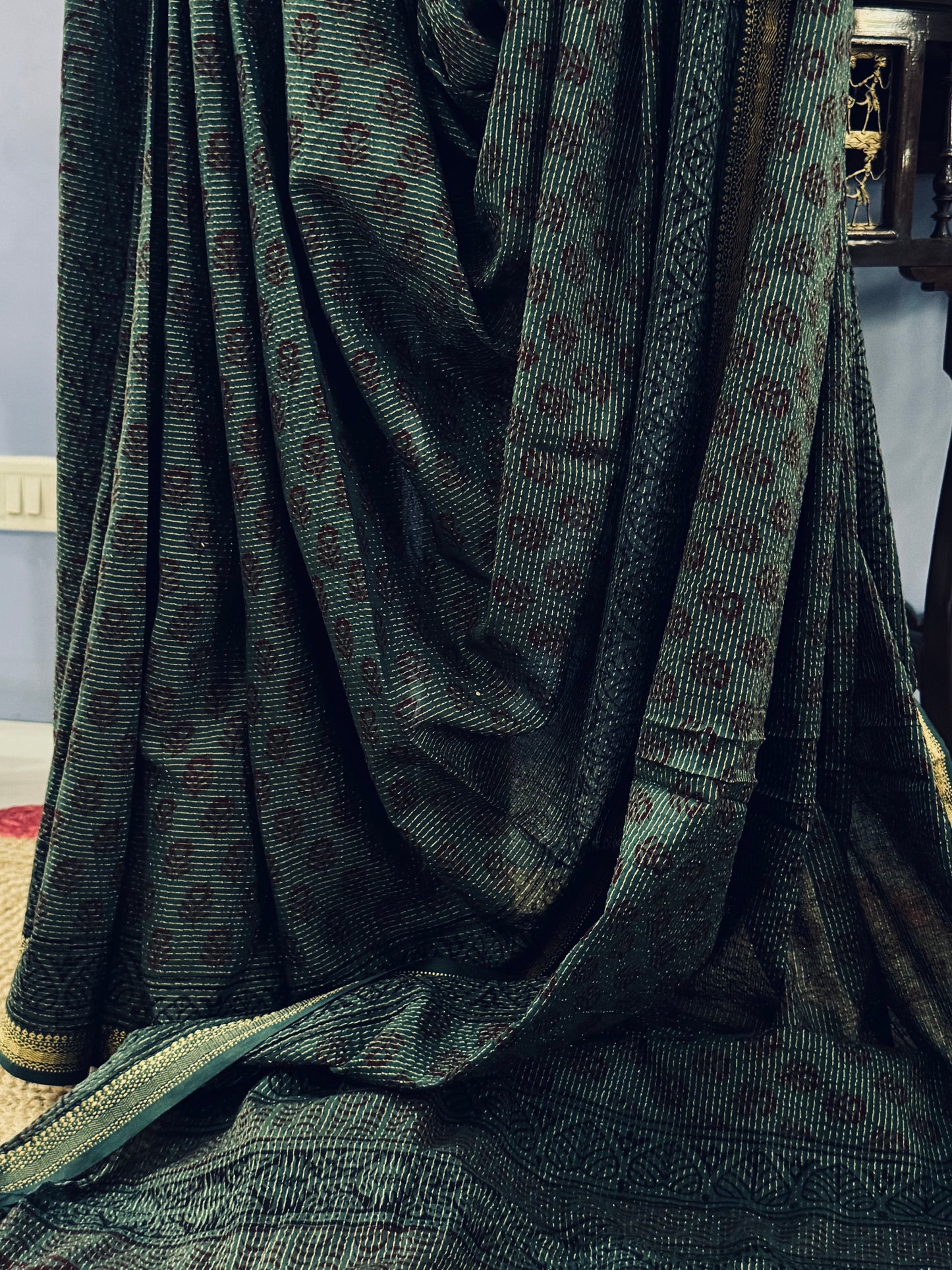 VEDIKA : COTTON BAGH SAREE, DARK GREEN
