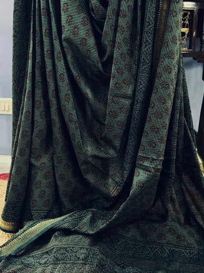 VEDIKA : COTTON BAGH SAREE, DARK GREEN