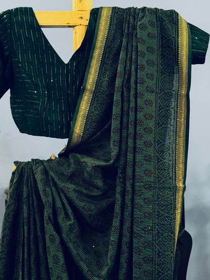 VEDIKA : COTTON BAGH SAREE, DARK GREEN