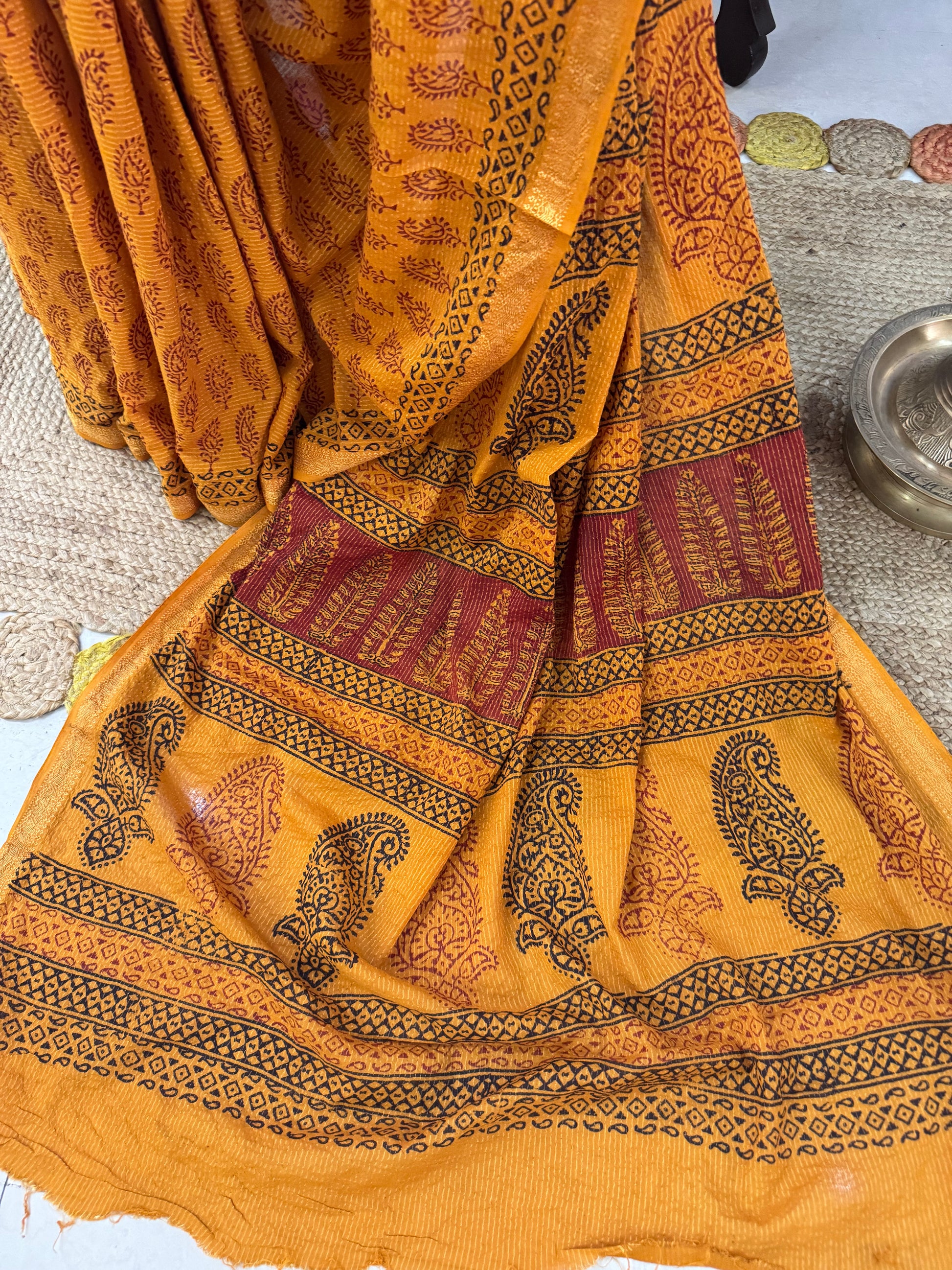 yellow bagh print saree