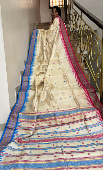 VARSHA : KARVATI KINAAR TUSSAR SILK JHALA PALLA WITH PINK AND BLUE BORDERS