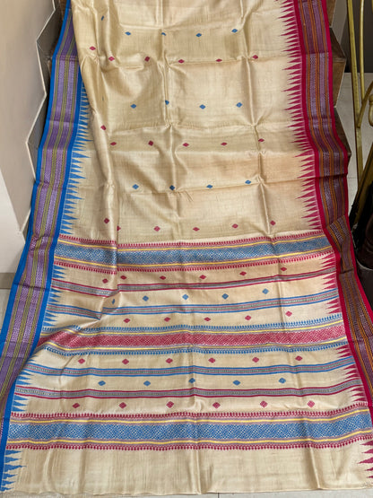 VARSHA : KARVATI KINAAR TUSSAR SILK JHALA PALLA WITH PINK AND BLUE BORDERS