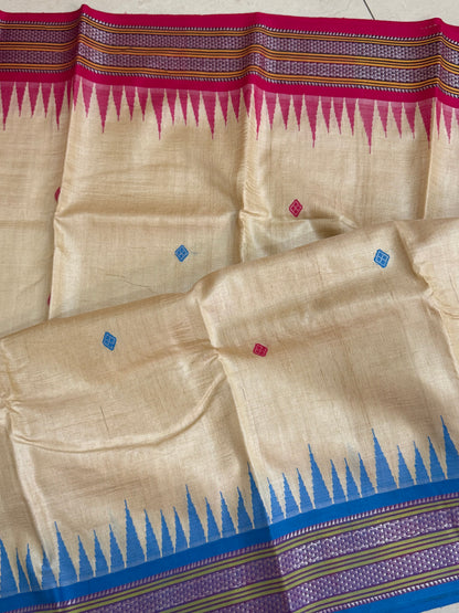 VARSHA : KARVATI KINAAR TUSSAR SILK JHALA PALLA WITH PINK AND BLUE BORDERS