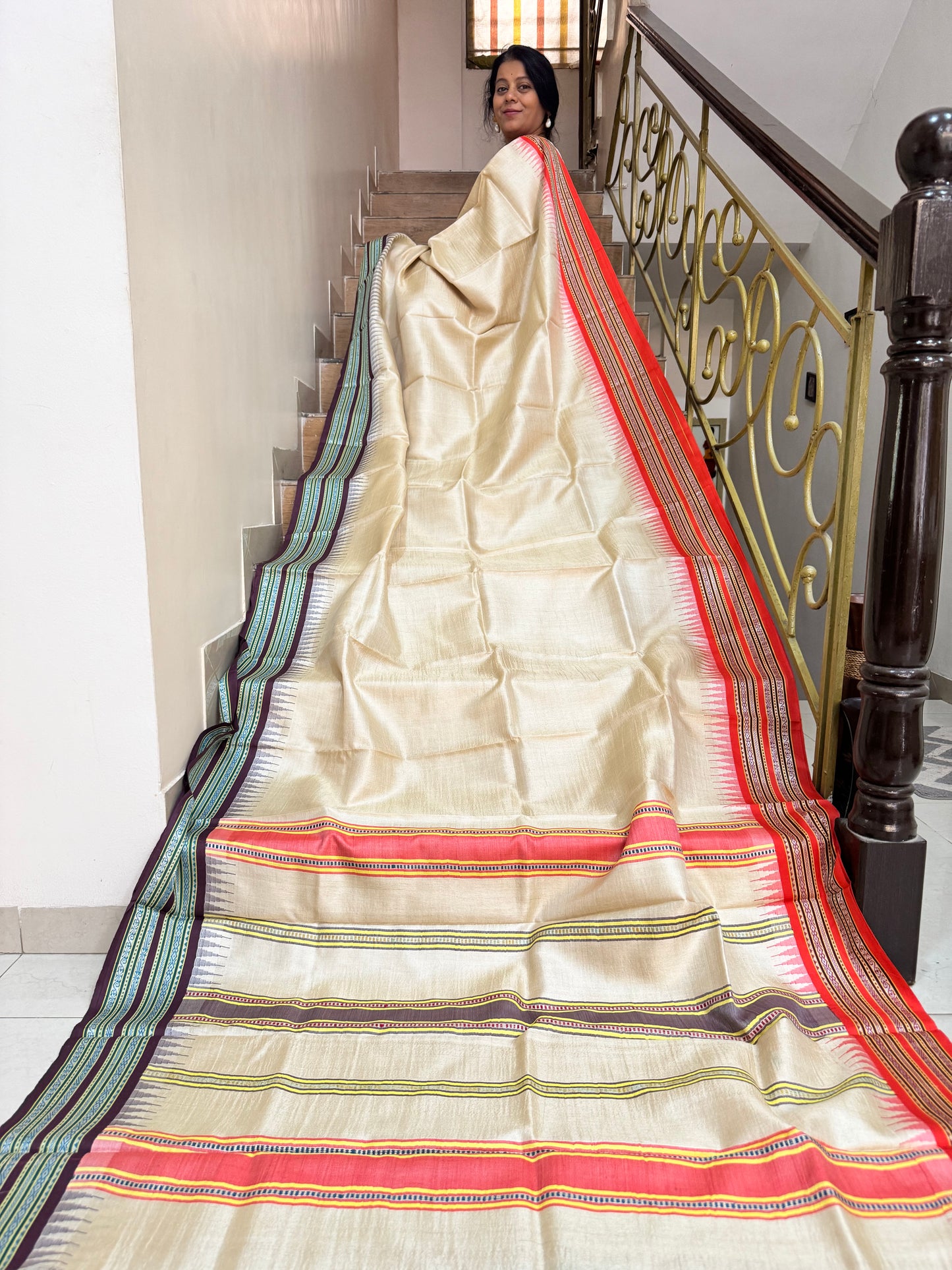 AMBAA : VIDARBHA TUSSAR KARVATI KINAR SAREE WITH ORANGE / BROWN BORDERS