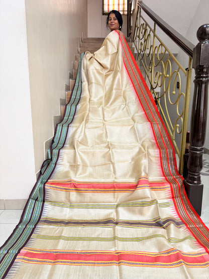 AMBAA : VIDARBHA TUSSAR KARVATI KINAR SAREE WITH ORANGE / BROWN BORDERS