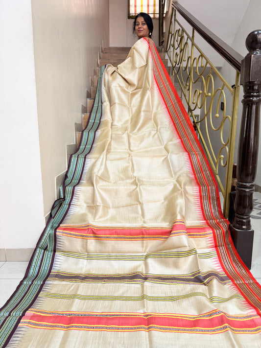 AMBAA : VIDARBHA TUSSAR KARVATI KINAR SAREE WITH ORANGE / BROWN BORDERS