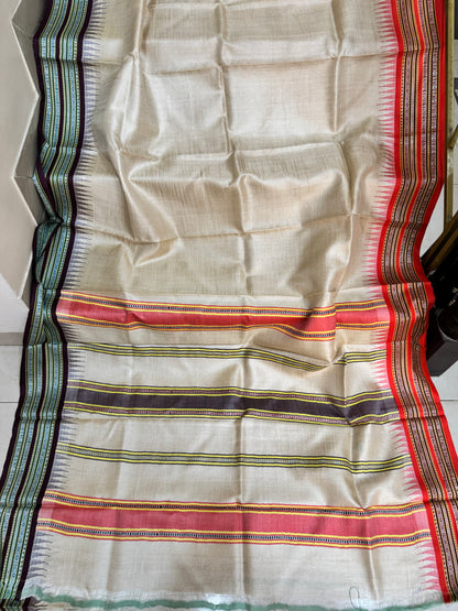 AMBAA : VIDARBHA TUSSAR KARVATI KINAR SAREE WITH ORANGE / BROWN BORDERS