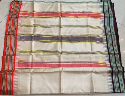 AMBAA : VIDARBHA TUSSAR KARVATI KINAR SAREE WITH ORANGE / BROWN BORDERS