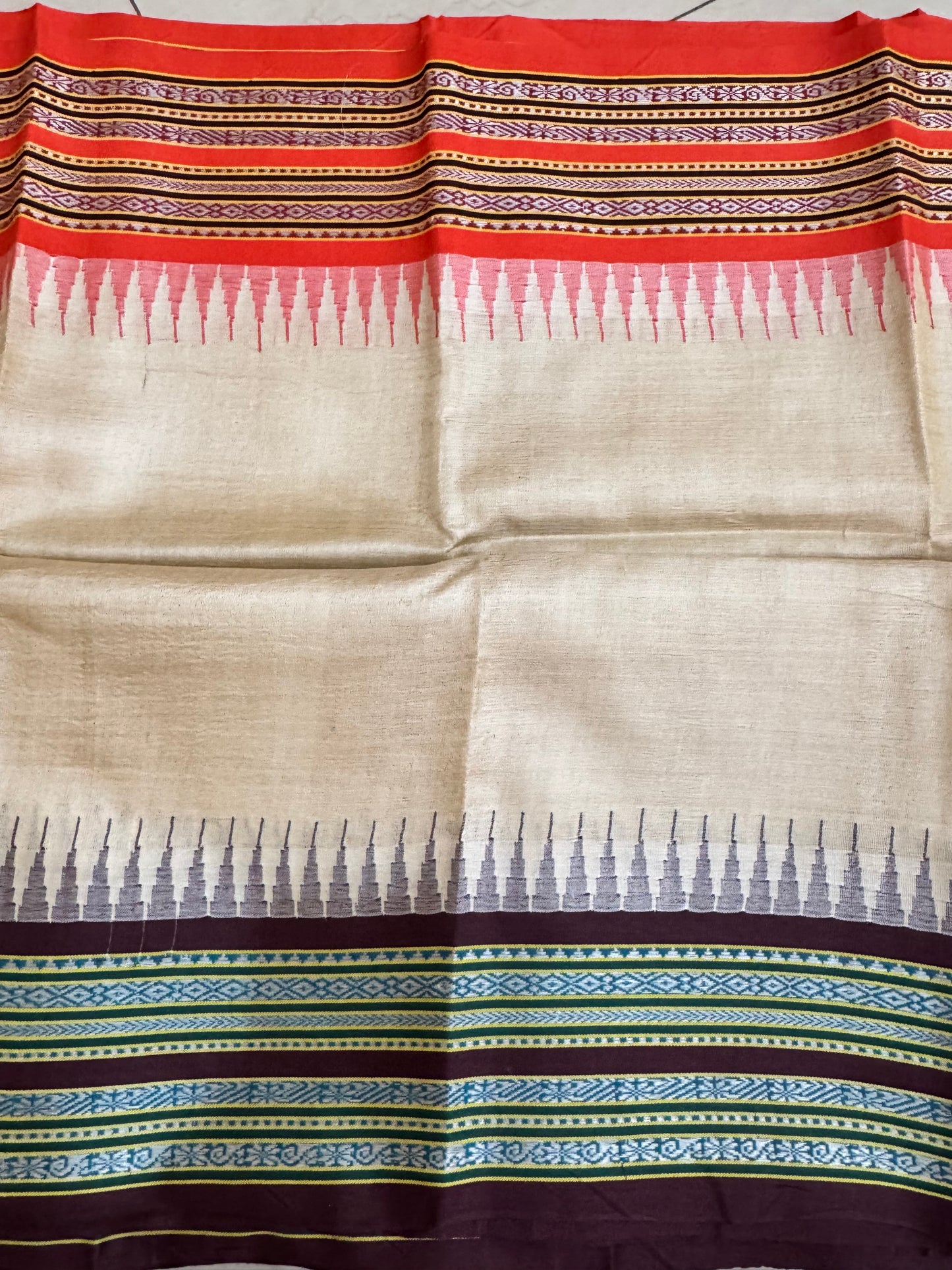 AMBAA : VIDARBHA TUSSAR KARVATI KINAR SAREE WITH ORANGE / BROWN BORDERS