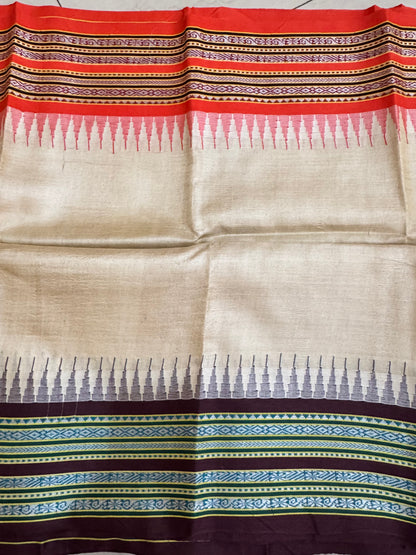 AMBAA : VIDARBHA TUSSAR KARVATI KINAR SAREE WITH ORANGE / BROWN BORDERS