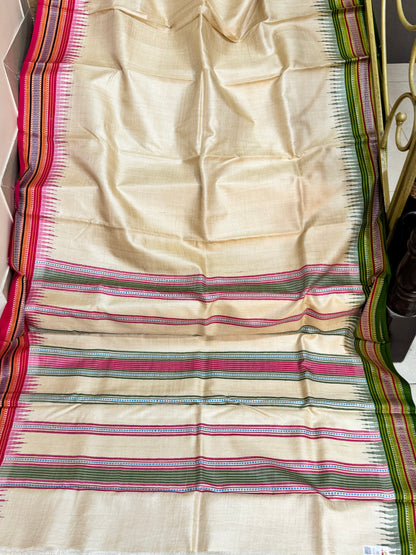 VISHALAKSHI : VIDARBHA TUSSAR KARVATI KINAR SAREE WITH GREEN - PINK BORDERS