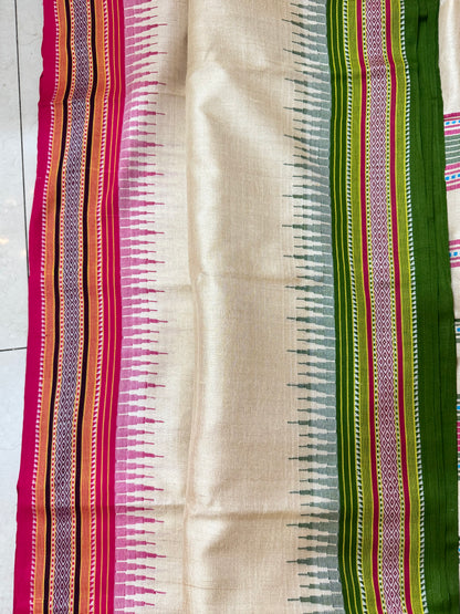 VISHALAKSHI : VIDARBHA TUSSAR KARVATI KINAR SAREE WITH GREEN - PINK BORDERS