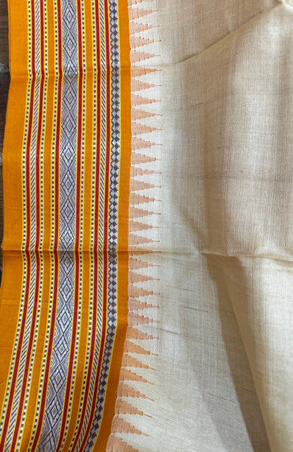 SHEETALA : VIDARBHA TUSSAR KARVATI KINAR SAREE WITH MUSTARD / BLUE BORDERS