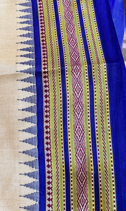 SHEETALA : VIDARBHA TUSSAR KARVATI KINAR SAREE WITH MUSTARD / BLUE BORDERS
