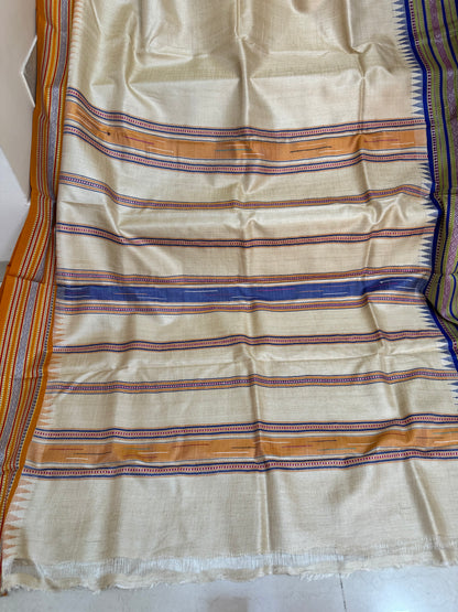 SHEETALA : VIDARBHA TUSSAR KARVATI KINAR SAREE WITH MUSTARD / BLUE BORDERS