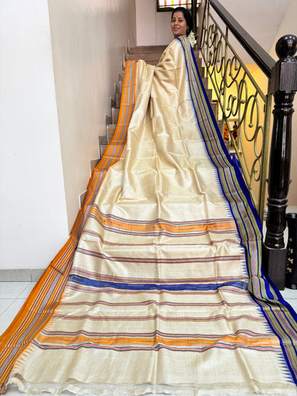 SHEETALA : VIDARBHA TUSSAR KARVATI KINAR SAREE WITH MUSTARD / BLUE BORDERS