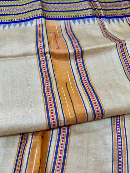 SHEETALA : VIDARBHA TUSSAR KARVATI KINAR SAREE WITH MUSTARD / BLUE BORDERS