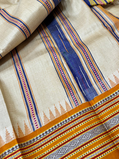 SHEETALA : VIDARBHA TUSSAR KARVATI KINAR SAREE WITH MUSTARD / BLUE BORDERS