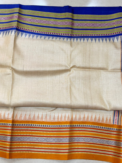 SHEETALA : VIDARBHA TUSSAR KARVATI KINAR SAREE WITH MUSTARD / BLUE BORDERS