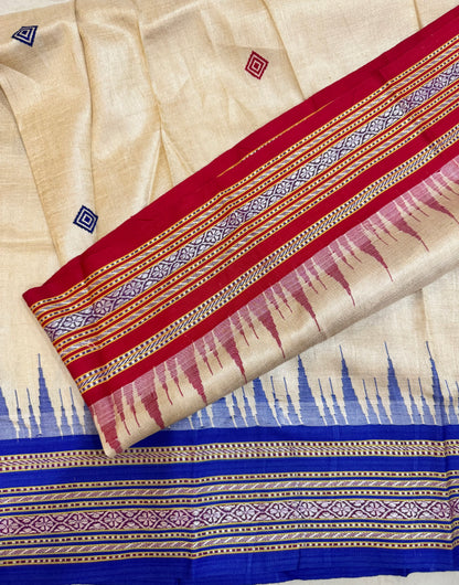 SPRUHA : KARVATI KINAAR TUSSAR SILK JHALA PALLA WITH RED BLUE BORDERS