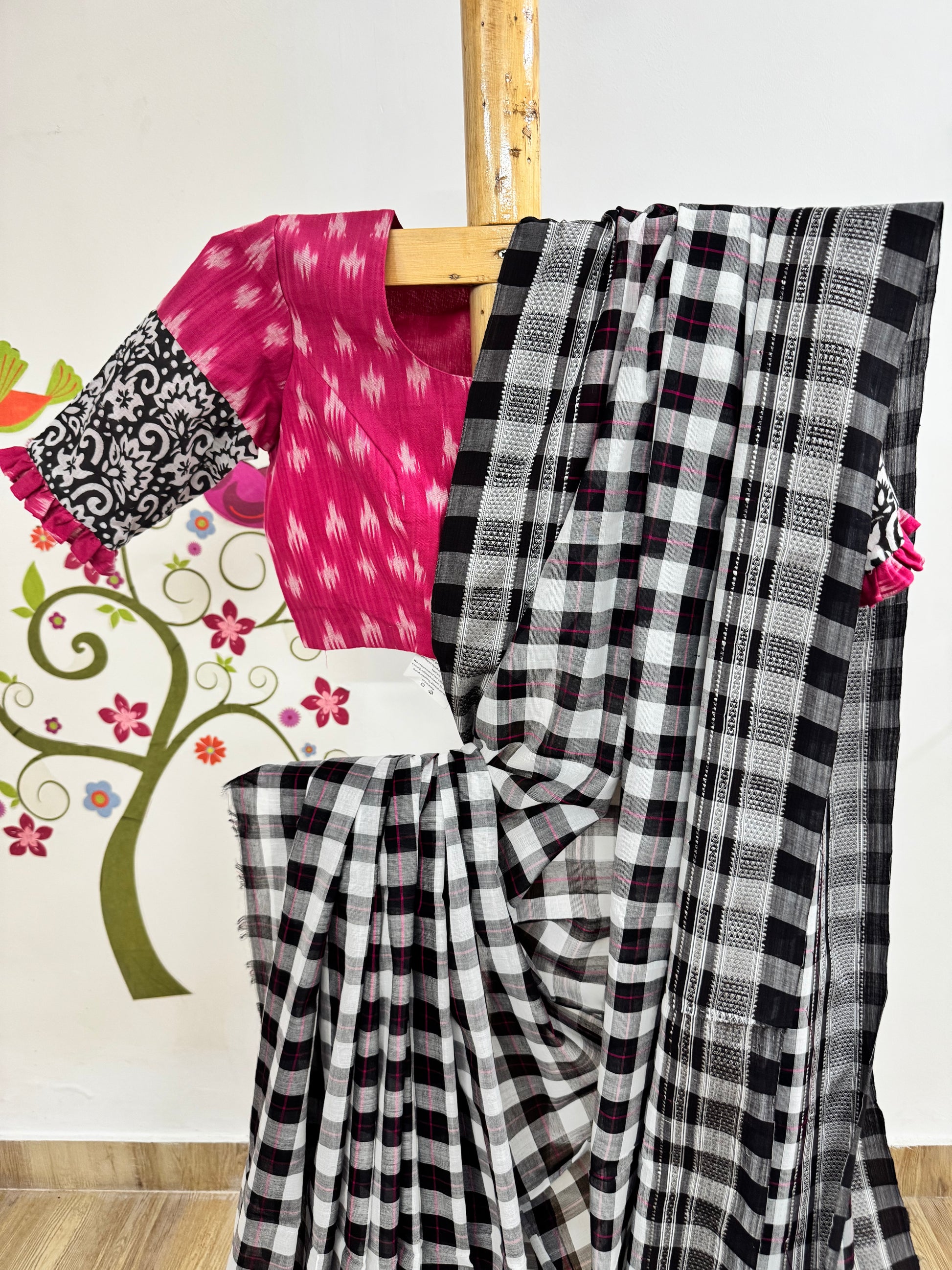 Ilkal Black and white checkered saree 