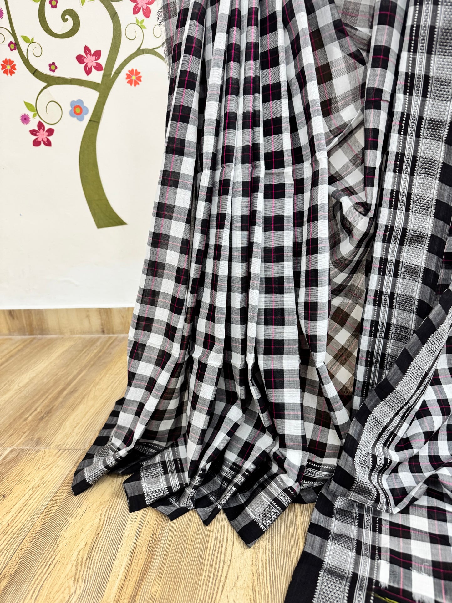 Ilkal Black and white checkered saree 