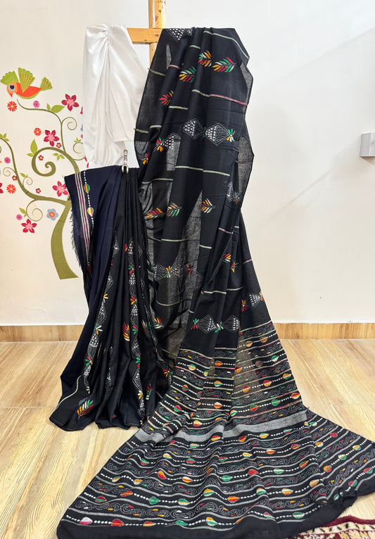 Black Cotton Kantha saree