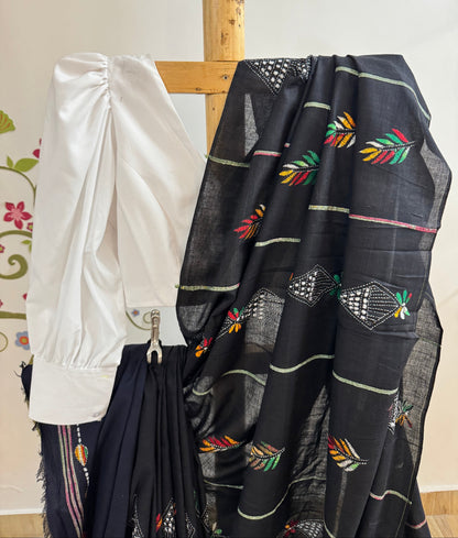 Cotton Kantha Black saree