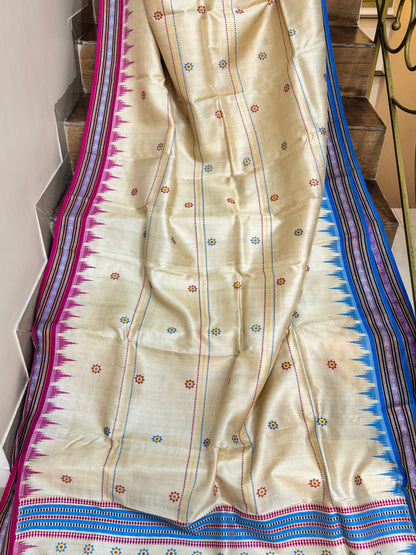 KRIPA : KARVATI KINAAR TUSSAR SILK JHALA PALLA WITH VERTICLE WOVEN STRIPES, PINK AND BLUE BORDERS