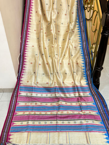 KRIPA : KARVATI KINAAR TUSSAR SILK JHALA PALLA WITH VERTICLE WOVEN STRIPES, PINK AND BLUE BORDERS