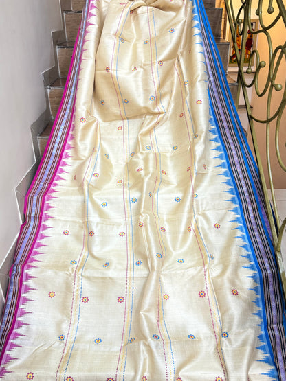 KRIPA : KARVATI KINAAR TUSSAR SILK JHALA PALLA WITH VERTICLE WOVEN STRIPES, PINK AND BLUE BORDERS