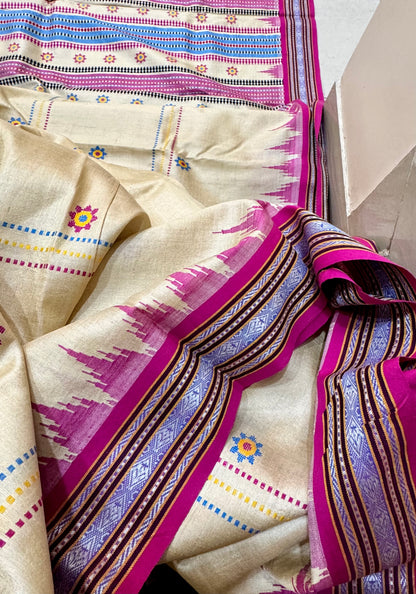 KRIPA : KARVATI KINAAR TUSSAR SILK JHALA PALLA WITH VERTICLE WOVEN STRIPES, PINK AND BLUE BORDERS