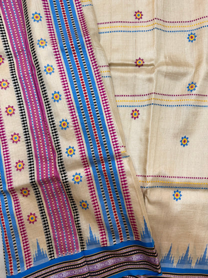 KRIPA : KARVATI KINAAR TUSSAR SILK JHALA PALLA WITH VERTICLE WOVEN STRIPES, PINK AND BLUE BORDERS