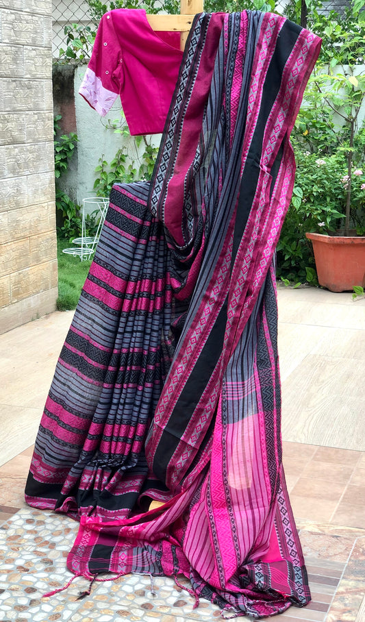 SHALMALI :GREY AND PINKWOVEN COTTON SAREE