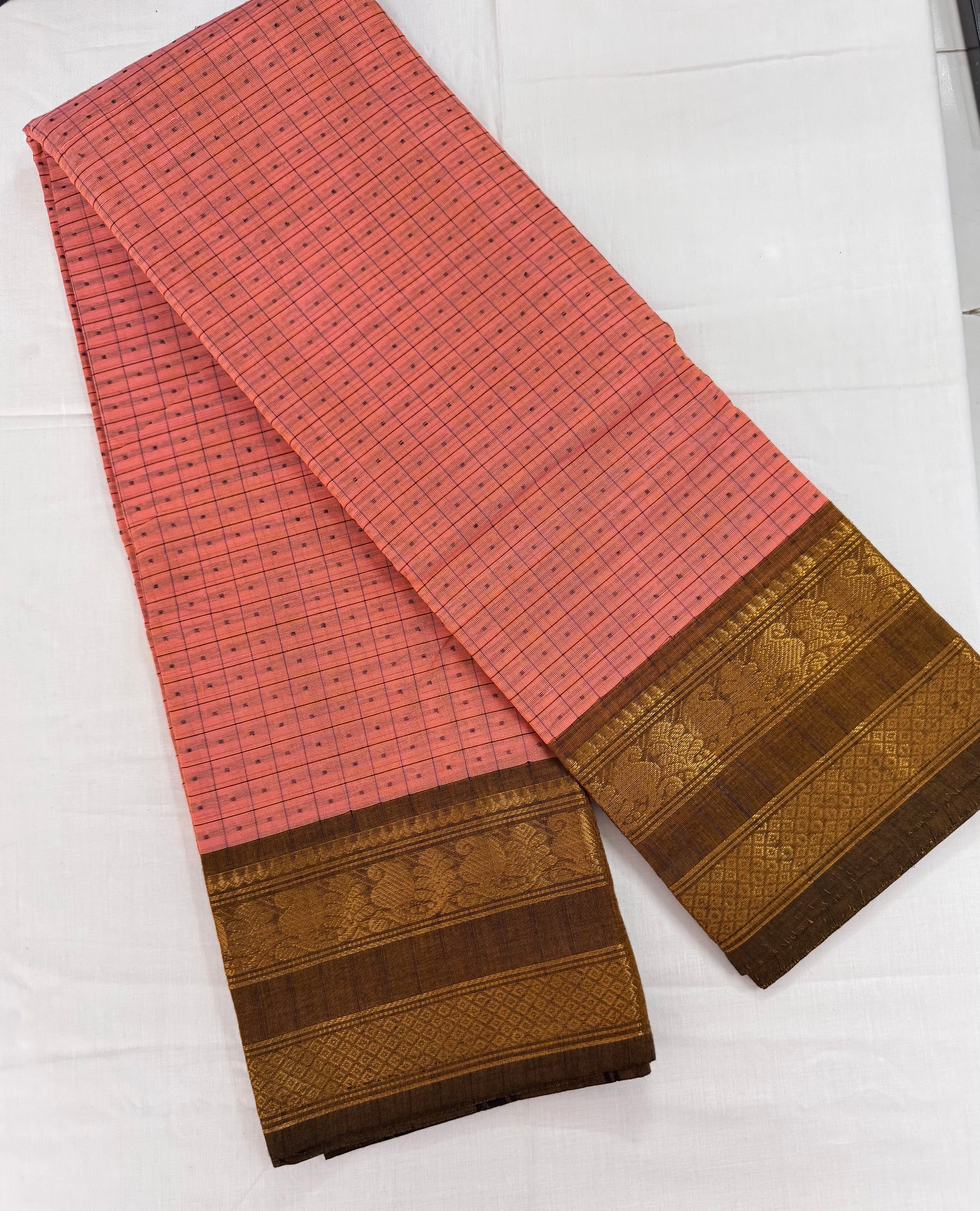 Peach Pure Cotton Thousand Butta Saree with Green and Golden Border