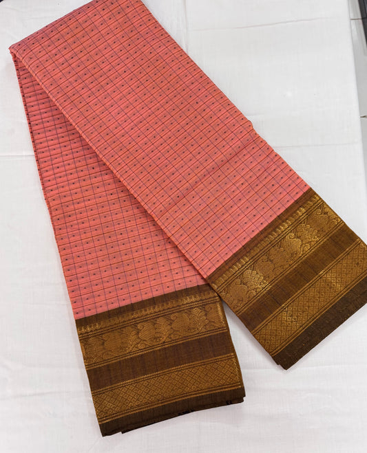 Peach Pure Cotton Thousand Butta Saree with Green and Golden Border