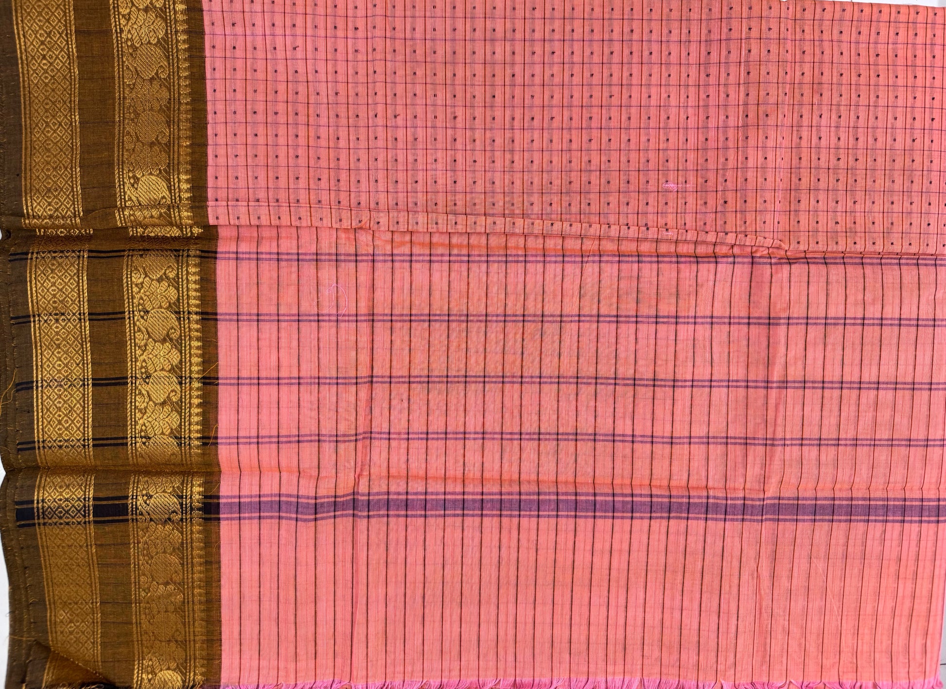 Peach Pure Cotton Thousand Butta Saree with Green and Golden Border