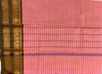 Peach Pure Cotton Thousand Butta Saree with Green and Golden Border