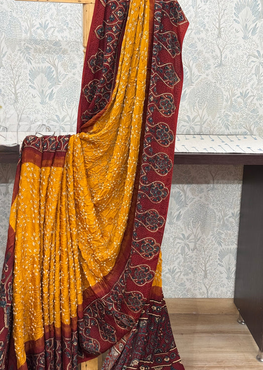 SUMEDHA : BANDHEJ AJRAKH MODAL SILK SAREE