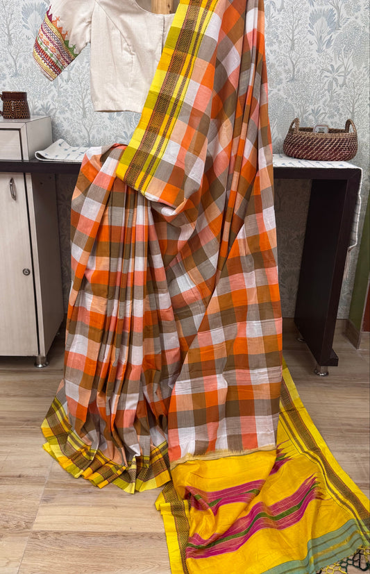 Checkered saree with yellow border 
