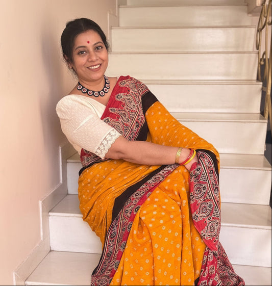 YAMINI : BANDHEJ AJRAKH MODAL SILK SAREE
